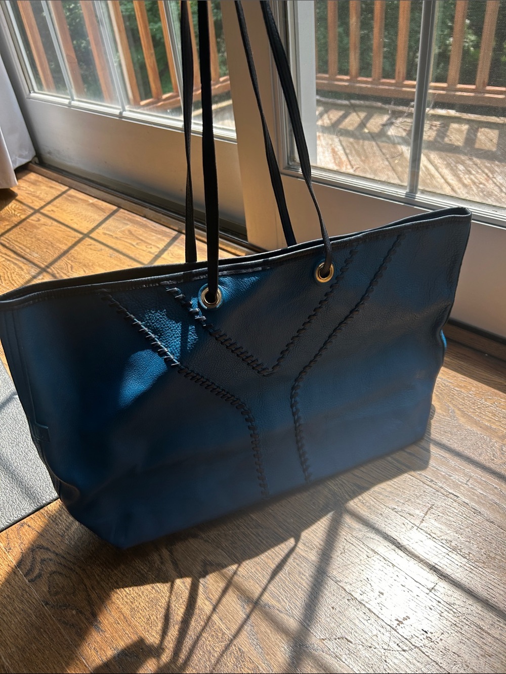 Yves Saint Laurent Navy Leather Tote with Chevron Stitching